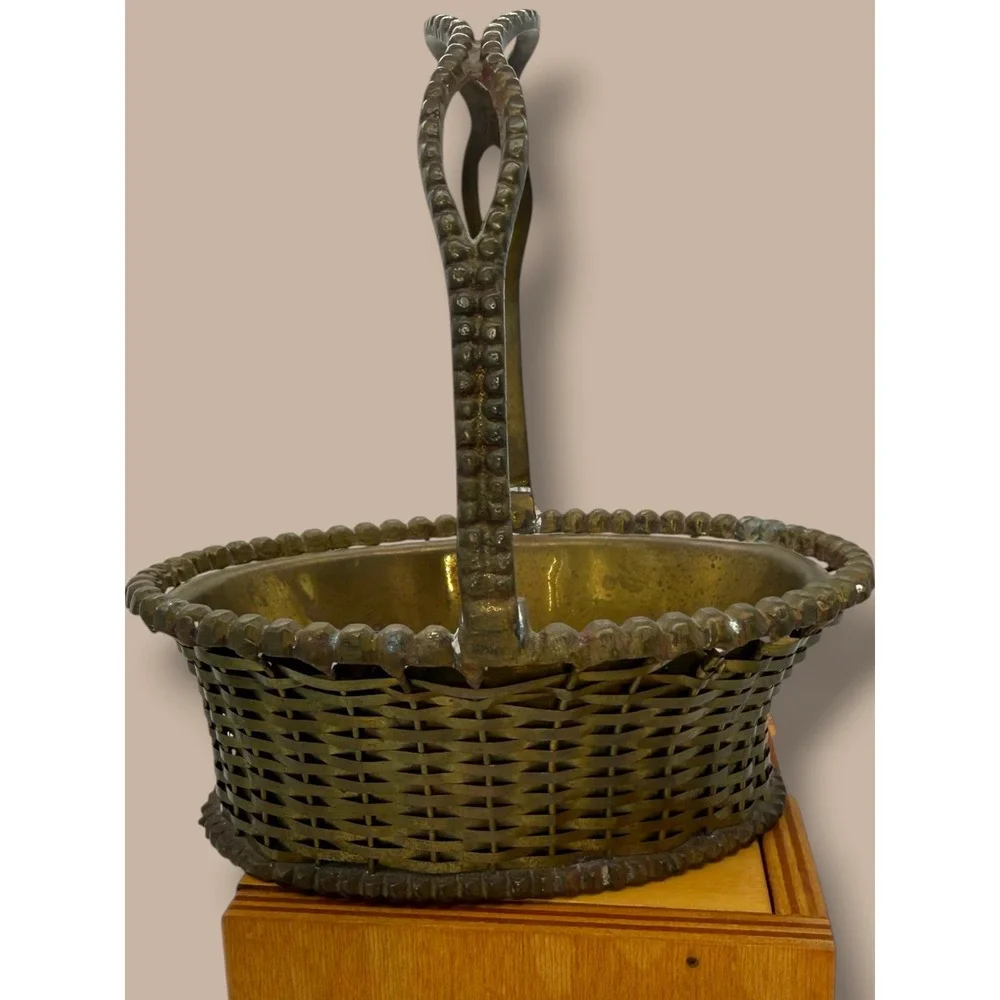Vintage Brass Basket Made in India Woven Oval Basket Handle Cottage Decor